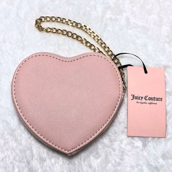 Juicy Couture Pink Diamonds & Pearls Heart Shape Logo Gold Chain Wristlet Bag - Picture 5 of 7